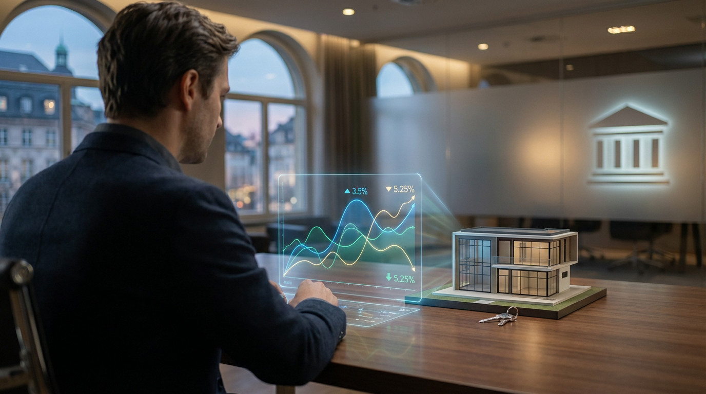 Homme d'affaires analysant des taux d'intérêt sur écran holographique, avec maquette de maison et clés, devant une icône de banque.