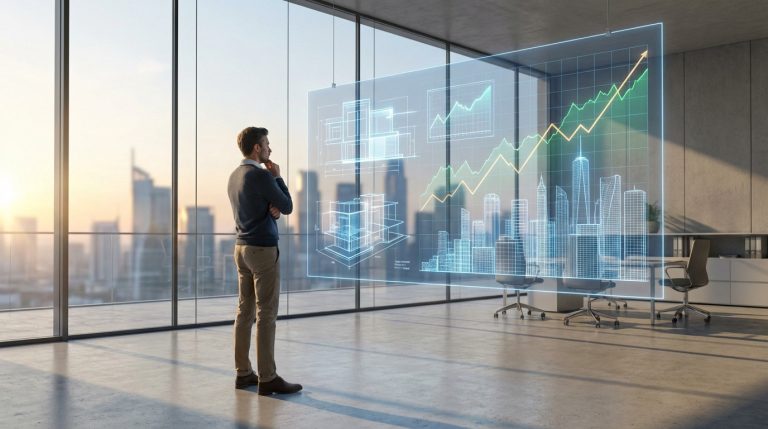 Homme analysant des graphiques de croissance immobilière et des plans de bâtiments sur un écran holographique, avec une vue sur la ville au coucher du soleil.