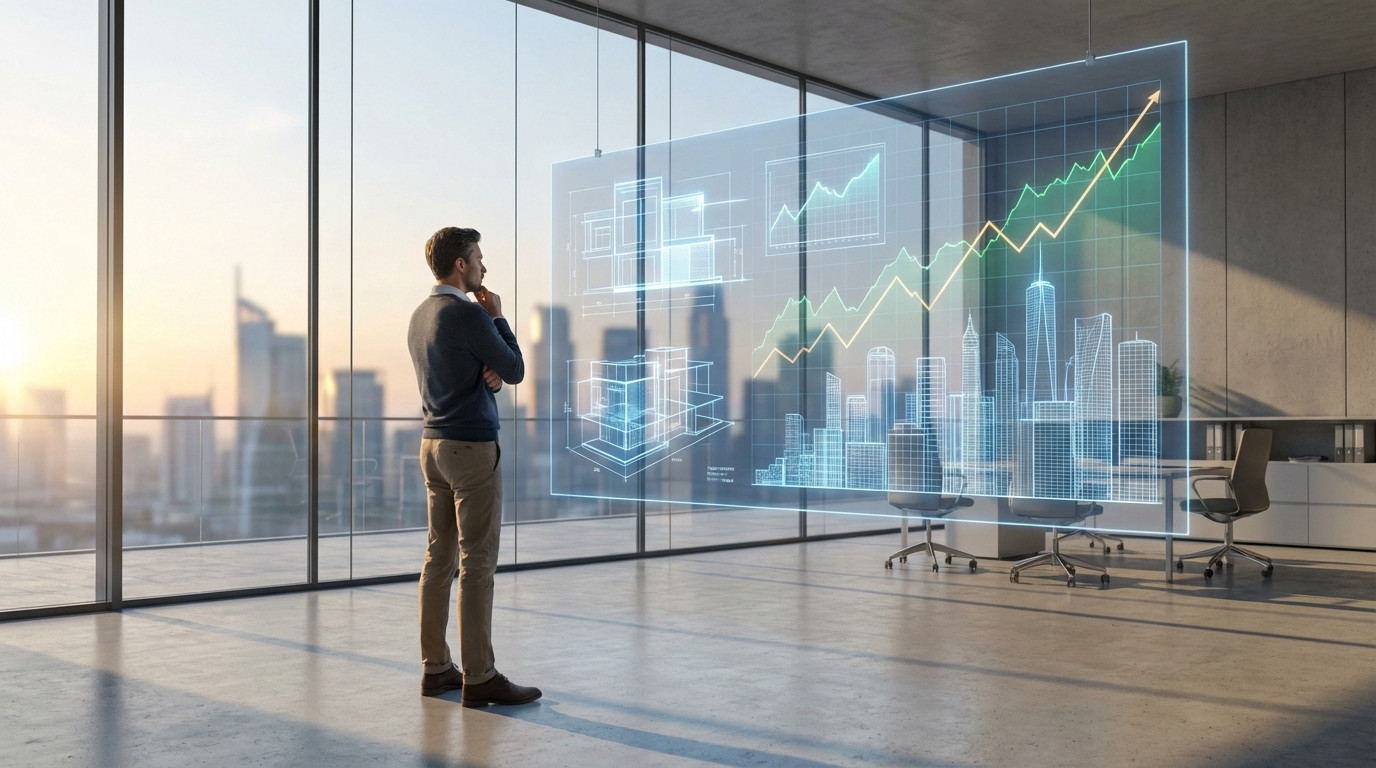 Homme analysant des graphiques de croissance immobilière et des plans de bâtiments sur un écran holographique, avec une vue sur la ville au coucher du soleil.