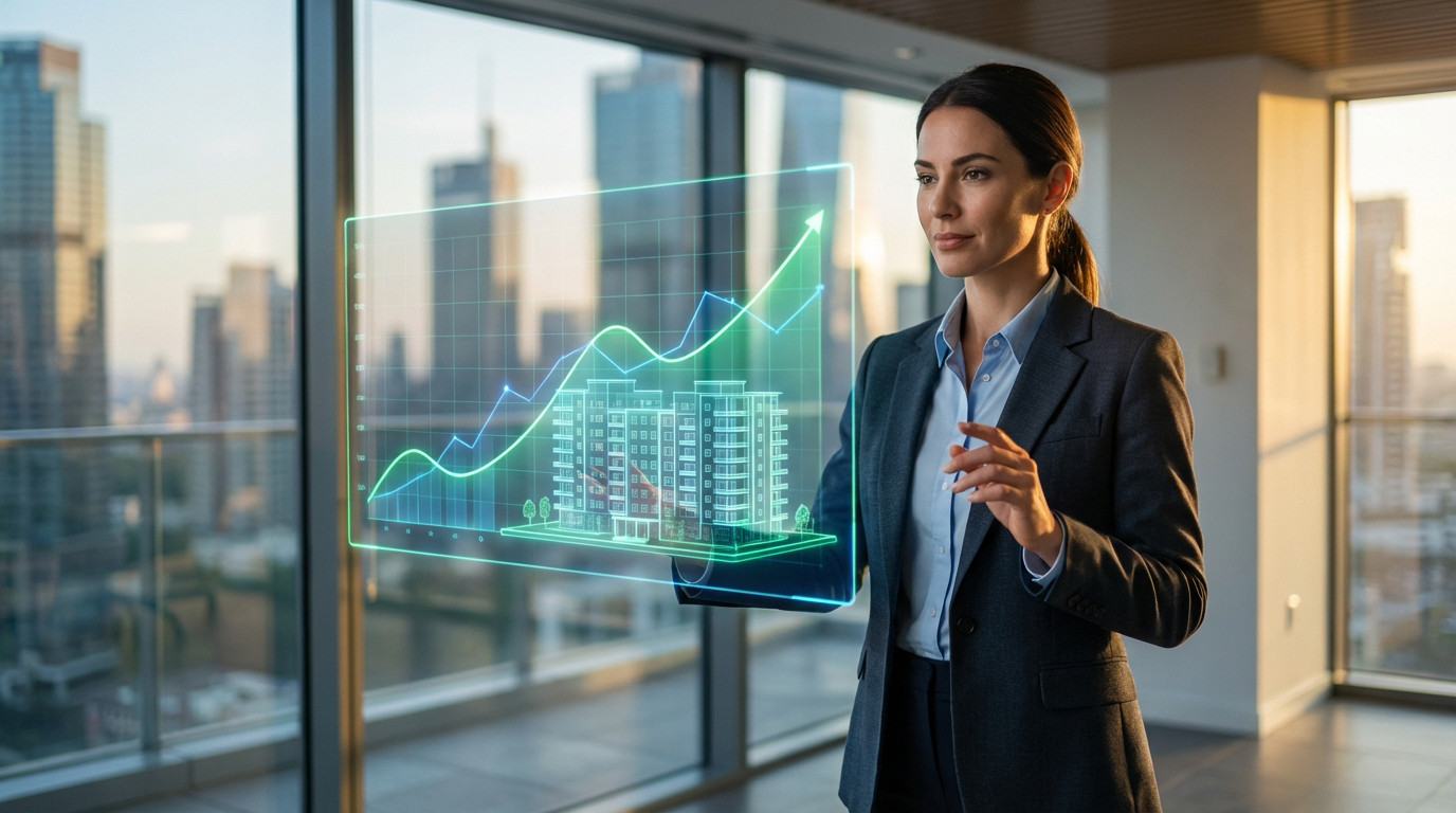 Une femme d'affaires analyse un graphique holographique de croissance immobilière et d'investissement locatif devant une baie vitrée sur une ville moderne.