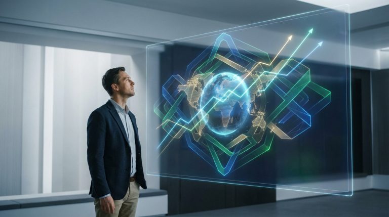 Homme d'affaires regardant un écran holographique affichant une carte du monde, des flèches de croissance et des données d'investissement.