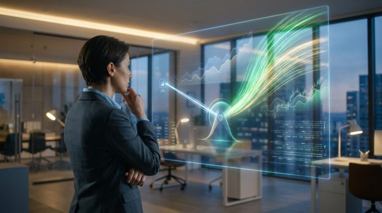Femme d'affaires devant un écran holographique avec graphique financier et mécanisme de levier symbolisant la croissance.