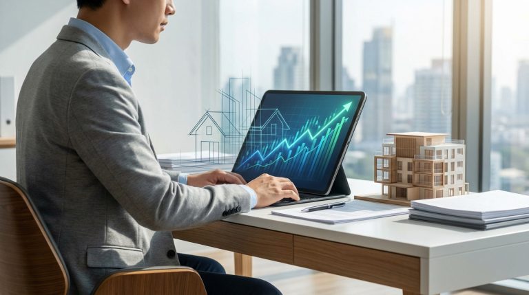 Un homme analyse un graphique de croissance immobilière sur un laptop. Un modèle de bâtiment et des documents sont sur le bureau.