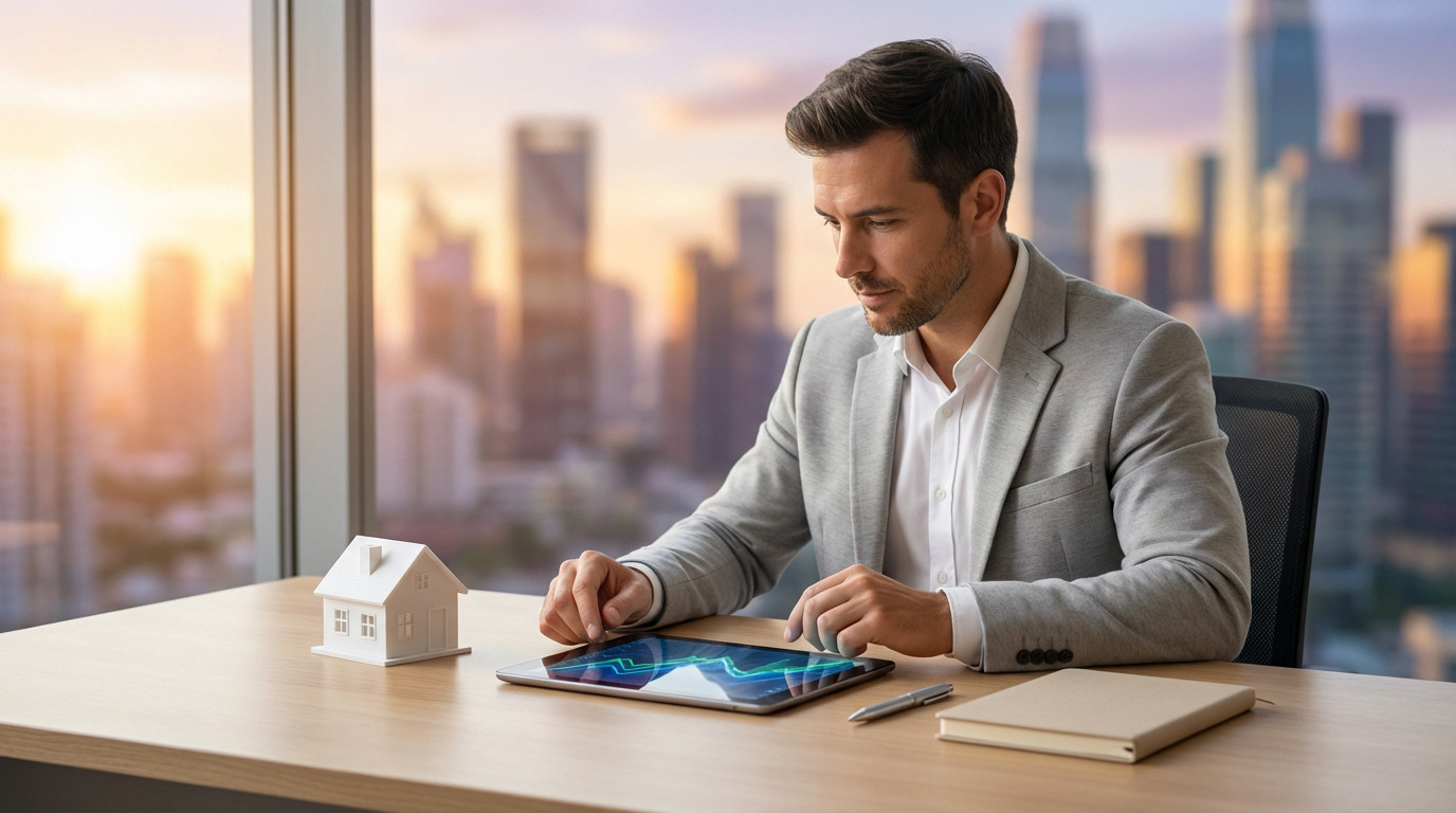 Homme analyse investissement immobilier sur tablette, maison miniature sur bureau, face à une ville au coucher de soleil.